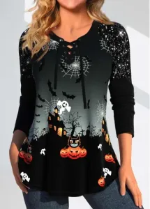 Modlily Black Patchwork Halloween Print Long Sleeve T Shirt - XL