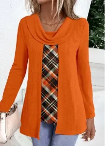 Modlily Orange Fake 2in1 Plaid Long Sleeve T Shirt - M