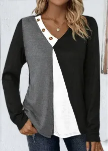 Modlily Black Patchwork Long Sleeve V Neck T Shirt - XL #1229798