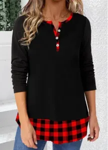 Modlily Black Patchwork Plaid Long Sleeve T Shirt - L #1172299
