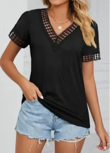 Modlily Black Patchwork Short Sleeve V Neck T Shirt - M #974018