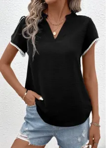 Modlily Black Patchwork Short Sleeve V Neck T Shirt - S