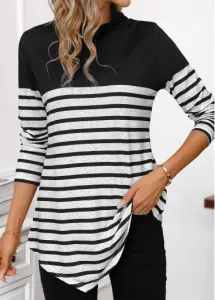 Modlily Black Patchwork Striped Long Sleeve High Neck T Shirt - 3XL