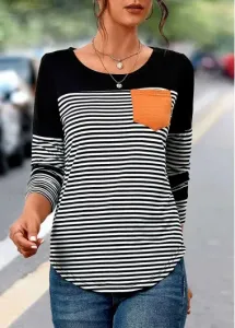 Modlily Black Patchwork Striped Long Sleeve Round Neck T Shirt - L #1116378