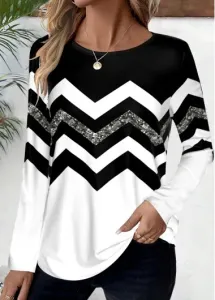 Modlily Black Patchwork Striped Long Sleeve Round Neck T Shirt - S #1253340
