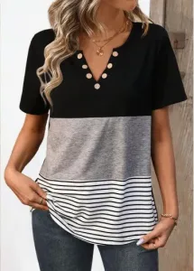 Modlily Black Patchwork Striped Short Sleeve Split Neck T Shirt - M