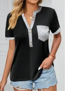 Modlily Black Pocket Short Sleeve Split Neck T Shirt - L