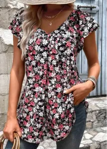 Modlily Black Ruched Floral Print Short Sleeve T Shirt - XL
