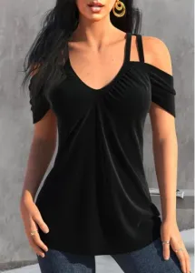 Modlily Black Ruched Short Sleeve V Neck T Shirt - M #916391