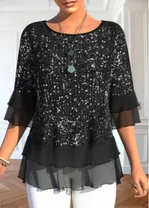 Modlily Women Black Sequin Shirt Mesh Half Sleeve Ruffled Hem Round Neck T Shirt - XL