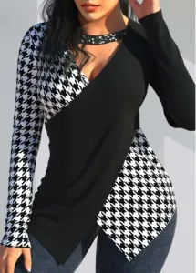 Modlily Black Sequin Houndstooth Print Long Sleeve T Shirt - L