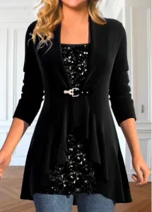 Modlily Velvet Black Sequin Long Sleeve Square Neck T Shirt - L