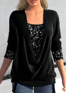 Modlily Black Sequin Long Sleeve Square Neck T Shirt - M