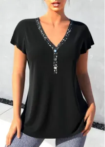 Modlily Black Sequin Short Sleeve V Neck T Shirt - XXL #1000112