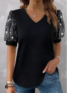 Modlily Black Sequin Short Sleeve V Neck T Shirt - XXL