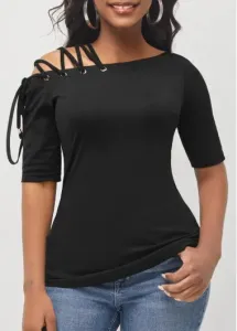 Modlily Black Skew Neck Lace Up T Shirt - M