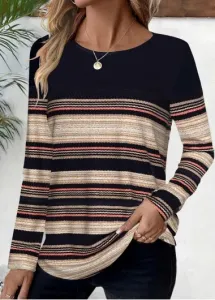 Modlily Black Striped Long Sleeve Round Neck T Shirt - XL