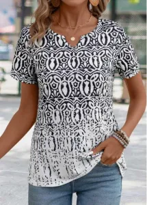 Modlily Black Tribal Print Short Sleeve Split Neck T Shirt - 3XL