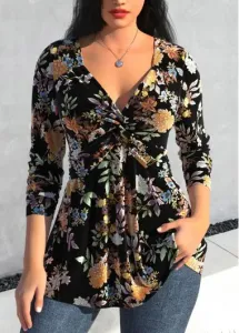 Modlily Black Velvet Floral Print Long Sleeve T Shirt - XL