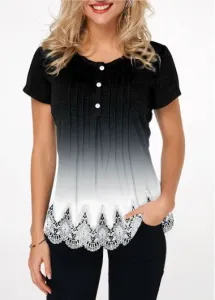 Modlily Black&White Gradient Lace Hem Button Detail T Shirt - L
