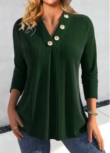 Modlily Blackish Green Button Long Sleeve V Neck T Shirt - XXL