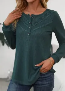 Modlily Blackish Green Patchwork Long Sleeve Scoop Neck T Shirt - L