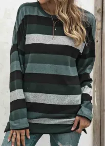 Modlily Blackish Green Striped Long Sleeve T Shirt - 3XL