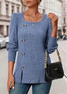 Modlily Blue Button Long Sleeve Square Neck T Shirt - 2XL