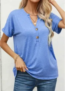 Modlily Blue Button Short Sleeve Split Neck T Shirt - S