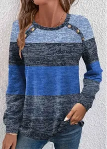Modlily Blue Button Striped Long Sleeve Round Neck T Shirt - XL #1194795