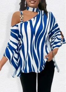 Modlily Blue Chain Zebra Stripe Print T Shirt - L