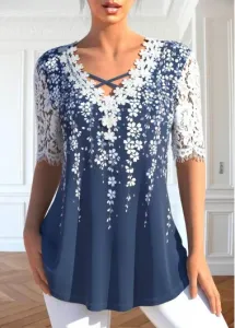 Modlily Blue Lace Floral Print Short Sleeve T Shirt - S