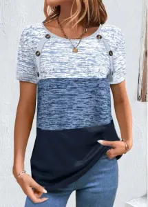 Modlily Blue Patchwork Geometric Print Short Sleeve T Shirt - XL