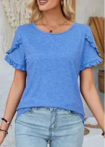 Modlily Blue Patchwork Short Sleeve Round Neck T Shirt - XL
