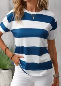 Modlily Blue Striped Short Sleeve Round Neck T Shirt - 2XL