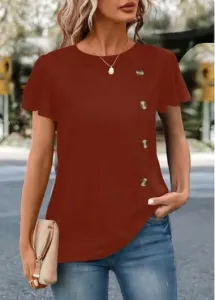 Modlily Brick Red Button Short Sleeve T Shirt - XL