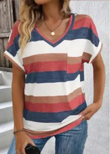 Modlily Brick Red Pocket Striped Short Sleeve T Shirt - M