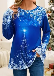Modlily Christmas Dark Blue Patchwork Long Sleeve T Shirt - 3XL