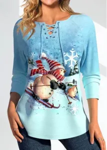 Modlily Christmas Light Blue Snowman Print Long Sleeve T Shirt - M