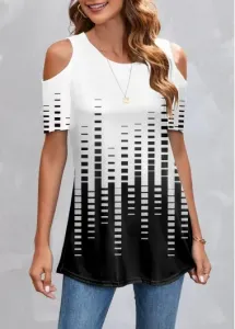 Modlily Cold Shoulder Geometric Print White T Shirt - XL