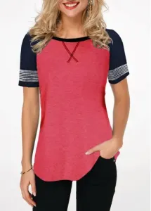 Modlily Contrast Round Neck Short Sleeve T Shirt - L #165239