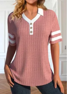 Modlily Coral Button Short Sleeve Polo Collar T Shirt - S