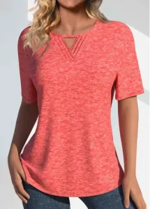 Modlily Coral Tuck Stitch Short Sleeve Round Neck T Shirt - XXL
