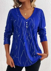 Modlily Dark Blue Button Geometric Print Long Sleeve T Shirt - L