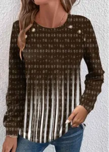 Modlily Dark Camel Button Ombre Long Sleeve T Shirt - XL #1102800