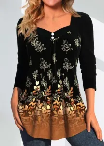 Modlily Dark Camel Button Random Floral Print T Shirt - M