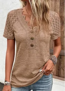Modlily Dark Camel Lace Short Sleeve T Shirt - XXL