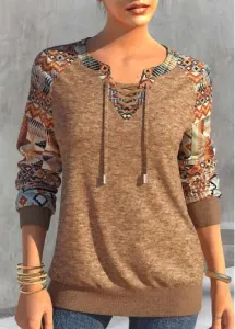 Modlily Dark Camel Lace Up Tribal Print T Shirt - L