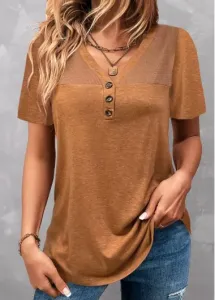 Modlily Dark Camel Patchwork Short Sleeve T Shirt - XL