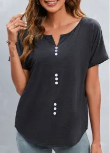 Modlily Dark Grey Button Short Sleeve T Shirt - 4XL